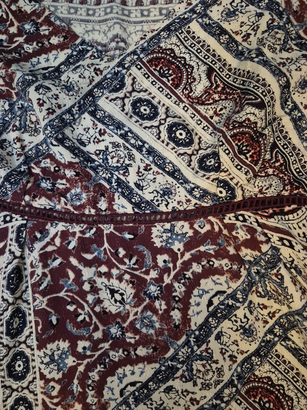 Idyllwind Medium Boho Paisley Dress | Burgundy & Cream Short Sleeve Mini Dress - Picture 4 of 6